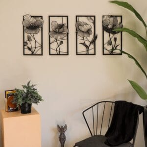 Çiçekler Metal Duvar Tablosu 4'lü Set - Siyah - Modern