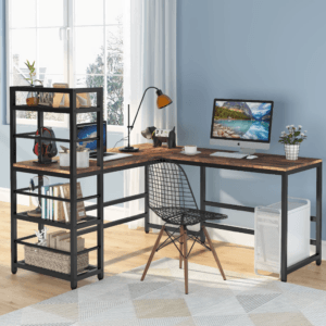 Kitaplıklı L Model Ceviz Çalışma Masası